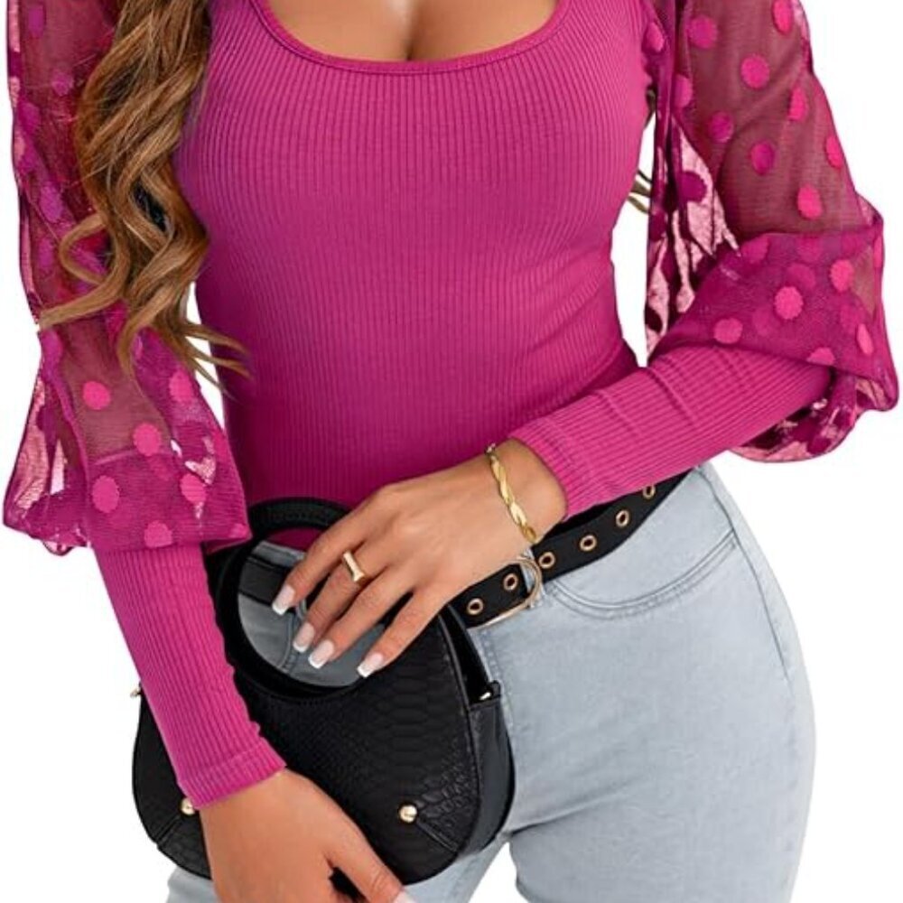 💗 Ribbed Knit Top w/ Sheer Polka Dot Sleeves | XS | NWT - Picture 4 of 4
